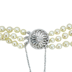 Triple Strand Filigree Graduated Akoya Saltwater Cultured Pearl Vintage Bracelet- 14K White Gold