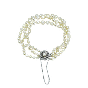 Triple Strand Filigree Graduated Akoya Saltwater Cultured Pearl Vintage Bracelet- 14K White Gold
