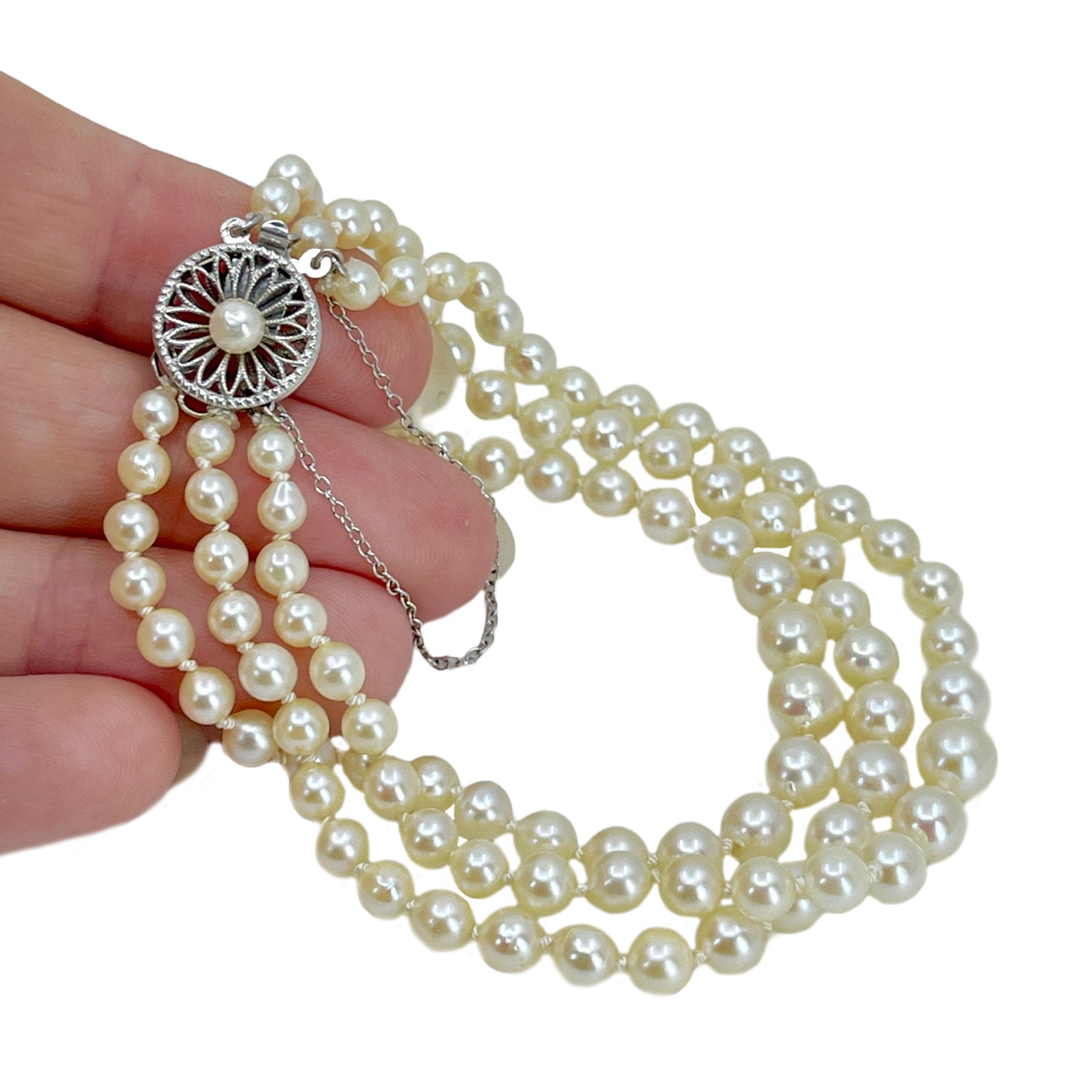 Triple Strand Filigree Graduated Akoya Saltwater Cultured Pearl Vintage Bracelet- 14K White Gold