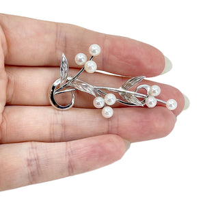 Spray Branch Vintage Japanese Saltwater Akoya Cultured Pearl Leaf Brooch- Sterling Silver