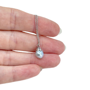 Vintage Modernist Blue Japanese Saltwater Akoya Pearl Necklace- Sterling Silver 16 Inch