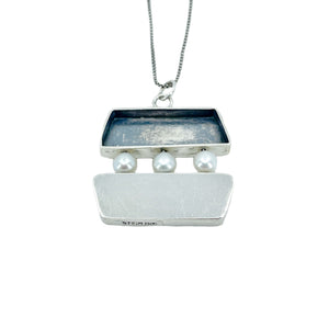 Geometric Modernist Japanese Cultured Akoya Pearl Vintage Pendant Necklace- Sterling Silver 20 Inch