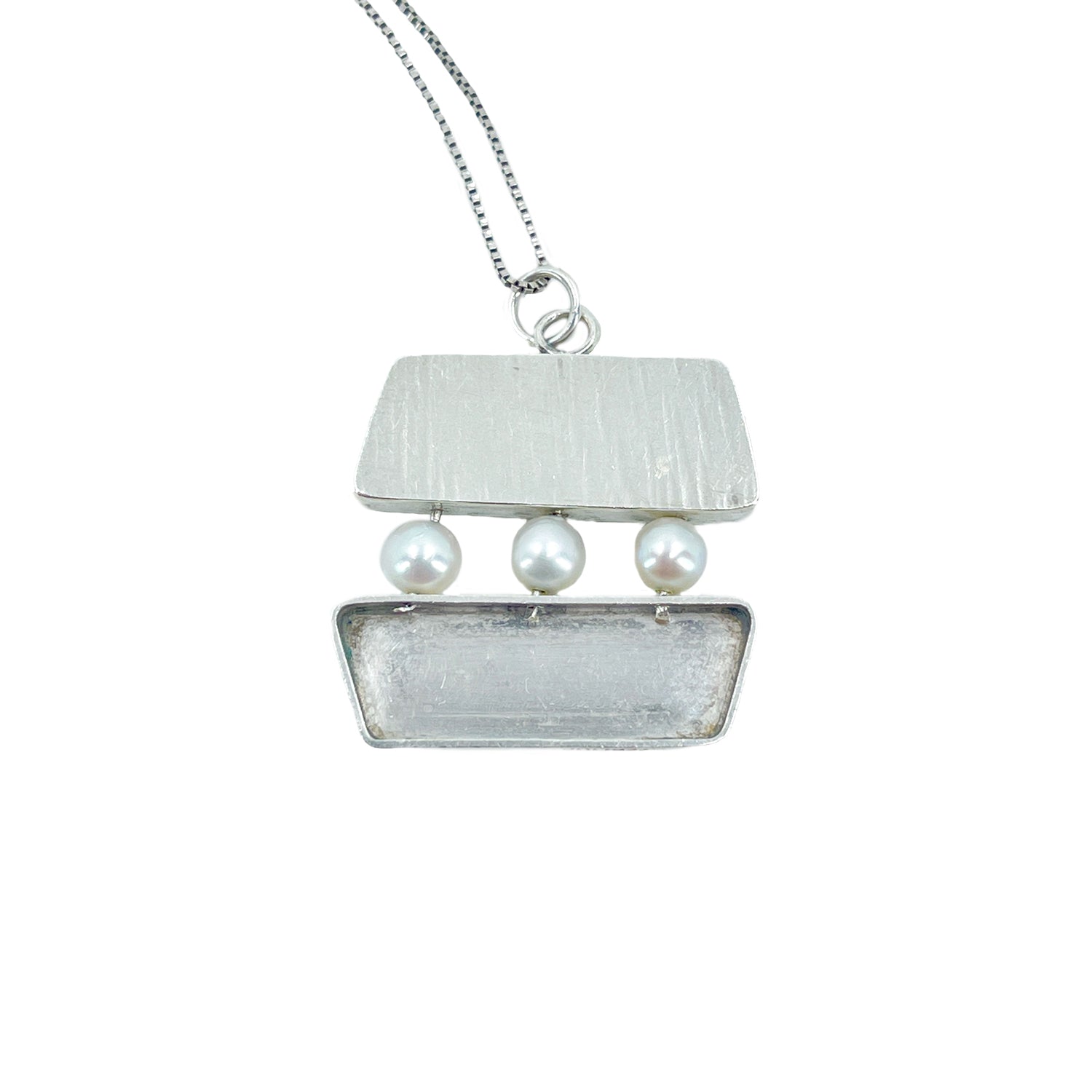 Geometric Modernist Japanese Cultured Akoya Pearl Vintage Pendant Necklace- Sterling Silver 20 Inch