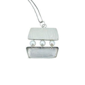 Geometric Modernist Japanese Cultured Akoya Pearl Vintage Pendant Necklace- Sterling Silver 20 Inch