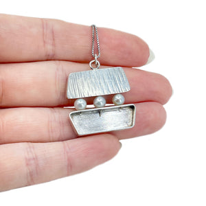 Geometric Modernist Japanese Cultured Akoya Pearl Vintage Pendant Necklace- Sterling Silver 20 Inch