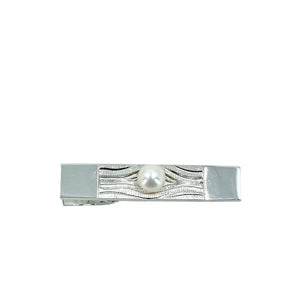 Engraved Mikimoto Designer Mid Century Men's Japanese Saltwater Akoya Cultured Pearl Vintage Tie Bar- Sterling Silver