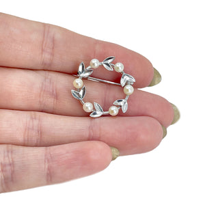 Vintage Engraved Leaf Japanese Saltwater Akoya Wreath Pearl Brooch Pin- Sterling Silver