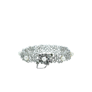 Modernist Mid Century Circle Japanese Saltwater Akoya Cultured Pearl Bracelet- Sterling Silver