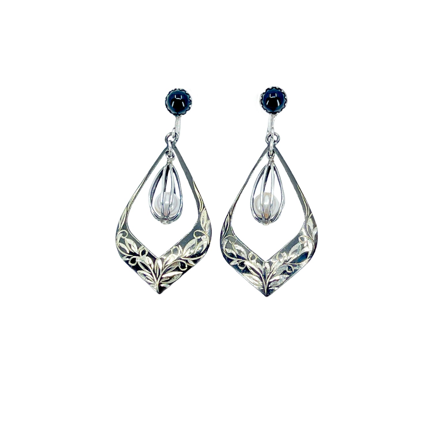 Cadge Drop Amita Japan Black Enamel Akoya Saltwater Cultured Pearl Screwback Earrings- Sterling Silver