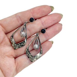 Cadge Drop Amita Japan Black Enamel Akoya Saltwater Cultured Pearl Screwback Earrings- Sterling Silver