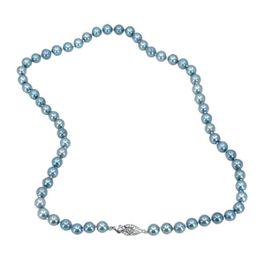 Diamond Filigree Vintage Blue Japanese Saltwater Cultured Akoya Pearl Necklace - White Gold 17.50 Inch