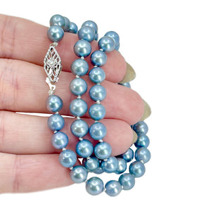 Diamond Filigree Vintage Blue Japanese Saltwater Cultured Akoya Pearl Necklace - White Gold 17.50 Inch