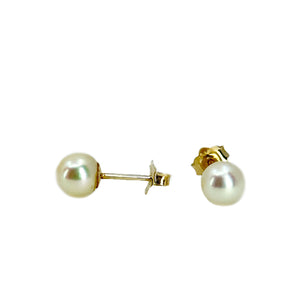 Vintage Japanese Akoya Saltwater Cultured Pearl Pierced 5.75mm Stud Earrings- 14K Yellow Gold