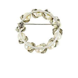 Large Textured Vintage Wreath Japanese Saltwater Akoya Pearl Leaf Brooch Pin- Sterling Silver