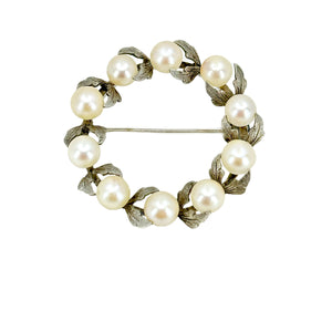 Large Textured Vintage Wreath Japanese Saltwater Akoya Pearl Leaf Brooch Pin- Sterling Silver