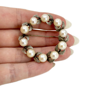 Large Textured Vintage Wreath Japanese Saltwater Akoya Pearl Leaf Brooch Pin- Sterling Silver