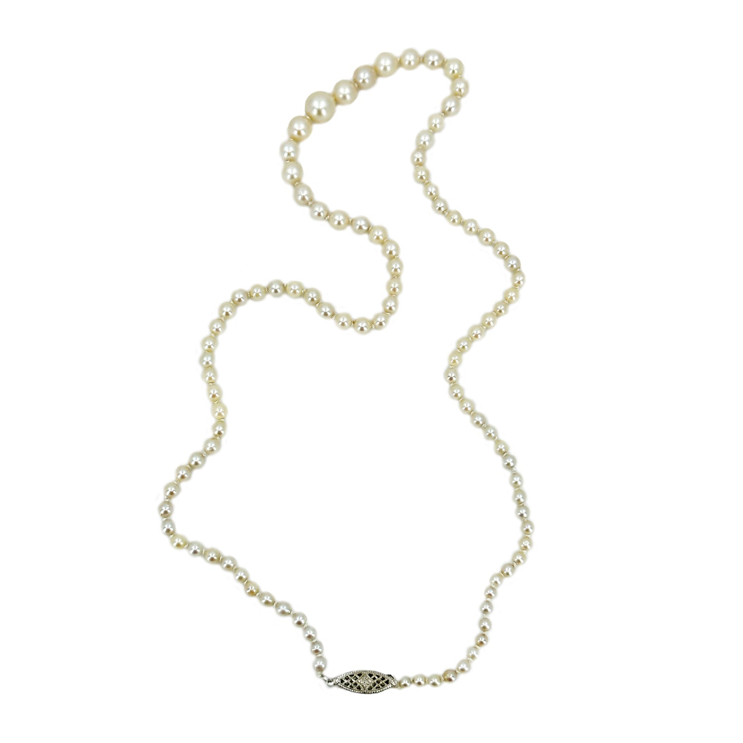 Filigree Art Deco Japanese Saltwater Cultured Akoya Pearl Graduated Vintage Necklace - Sterling Silver 20.50 Inch