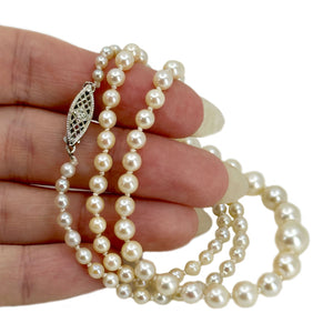 Filigree Art Deco Japanese Saltwater Cultured Akoya Pearl Graduated Vintage Necklace - Sterling Silver 20.50 Inch