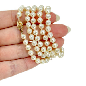 Vintage Opera Length Saltwater Japanese Akoya Cultured Pearl Necklace Strand - 14K Yellow Gold 29 Inch