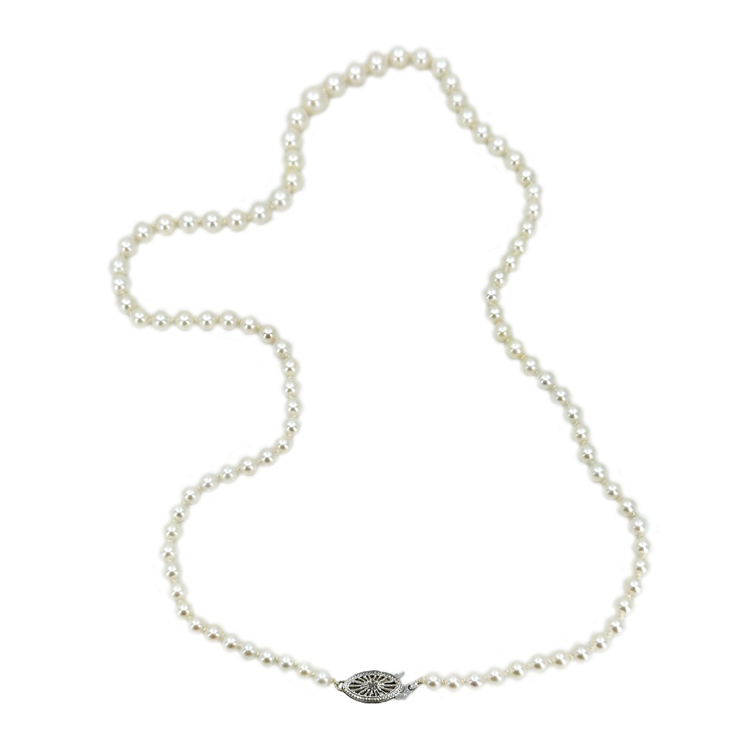 Retro Filigree Japanese Saltwater Cultured Akoya Pearl Necklace - 10K White Gold 20.75 Inch