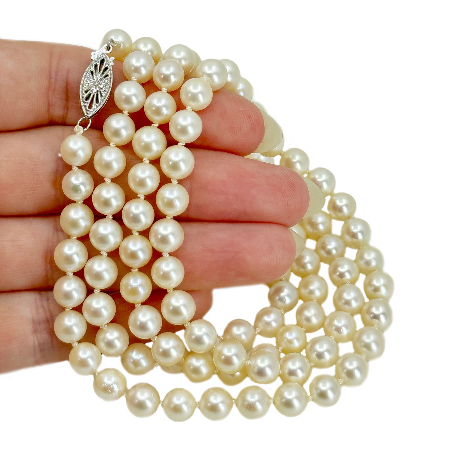 Filigree Opera Mid-Century Japanese Saltwater Cultured Akoya Pearl Vintage Necklace Strand - 14K White Gold 32.50 Inch