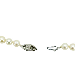 Filigree Opera Mid-Century Japanese Saltwater Cultured Akoya Pearl Vintage Necklace Strand - 14K White Gold 32.50 Inch