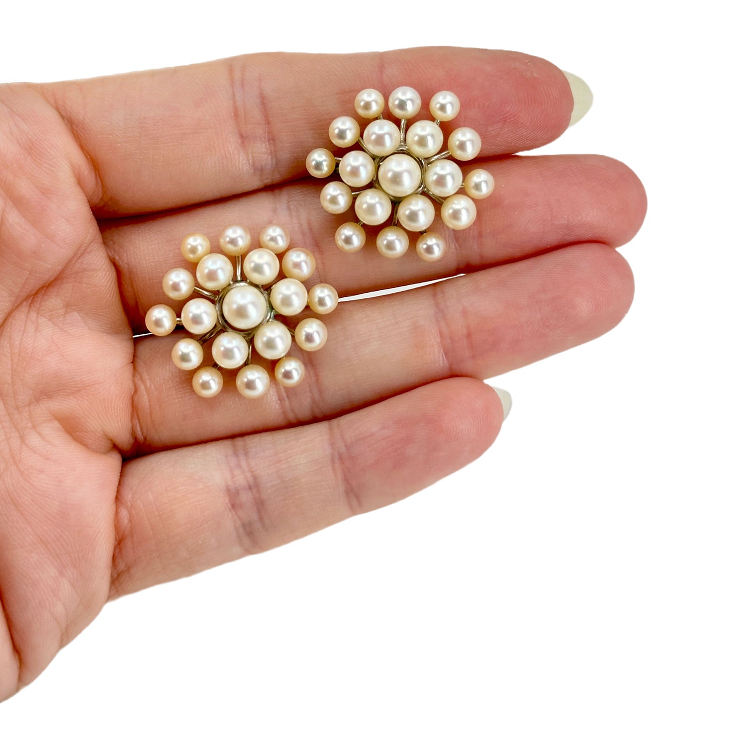 Snowflake Modernist Akoya Saltwater Cultured Pearl Vintage Screwback Earrings- Sterling Silver