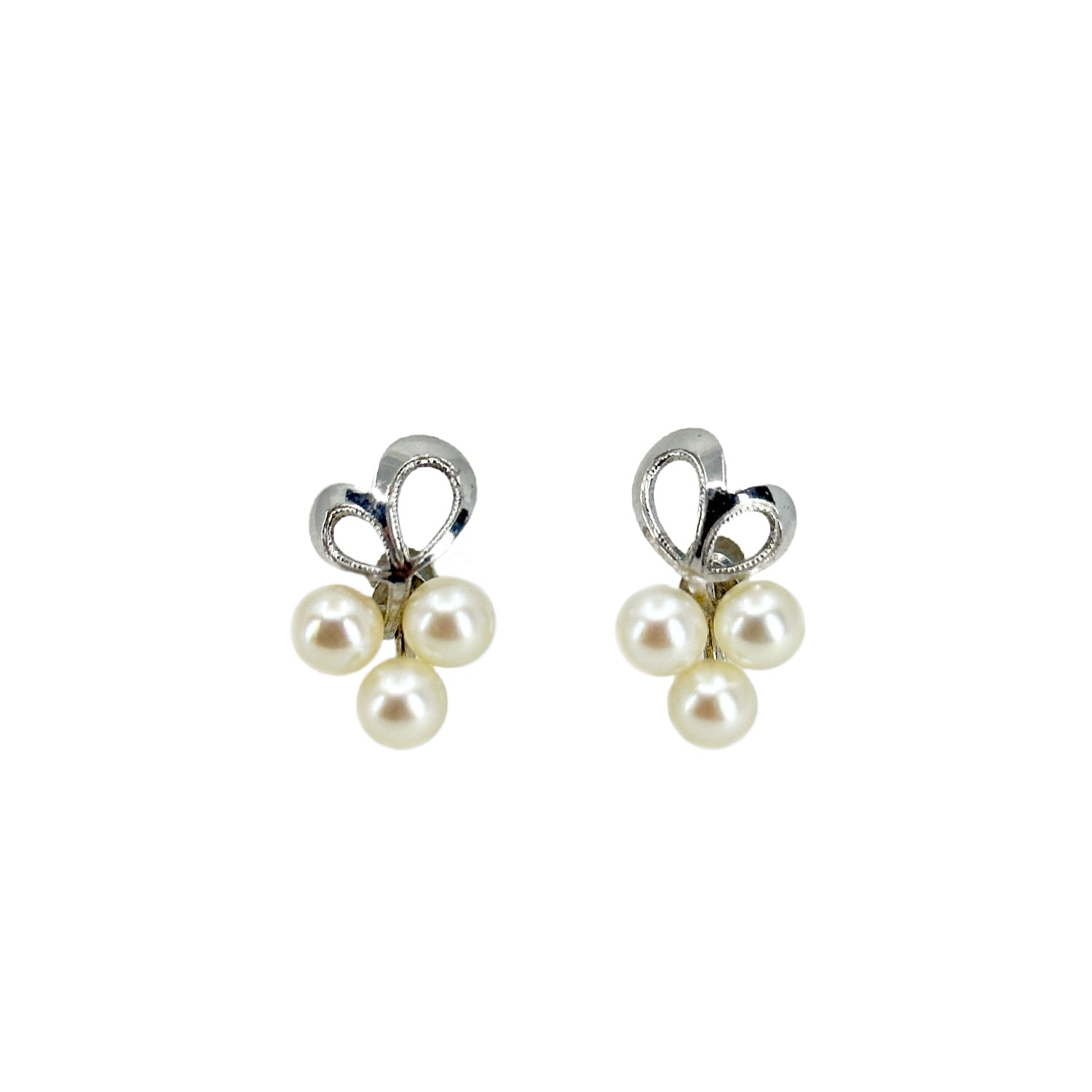 Triple Vintage Modernist Saltwater Akoya Cultured Pearl Screwback Earrings- Sterling Silver