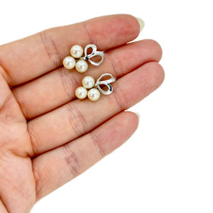 Triple Vintage Modernist Saltwater Akoya Cultured Pearl Screwback Earrings- Sterling Silver