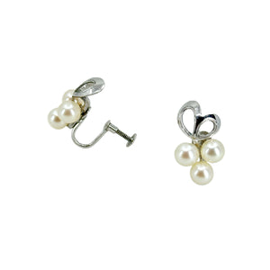 Triple Vintage Modernist Saltwater Akoya Cultured Pearl Screwback Earrings- Sterling Silver