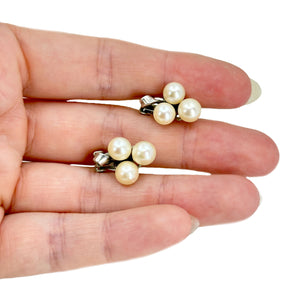Triple Clip Vintage Akoya Saltwater Cultured Pearl Earrings- Sterling Silver
