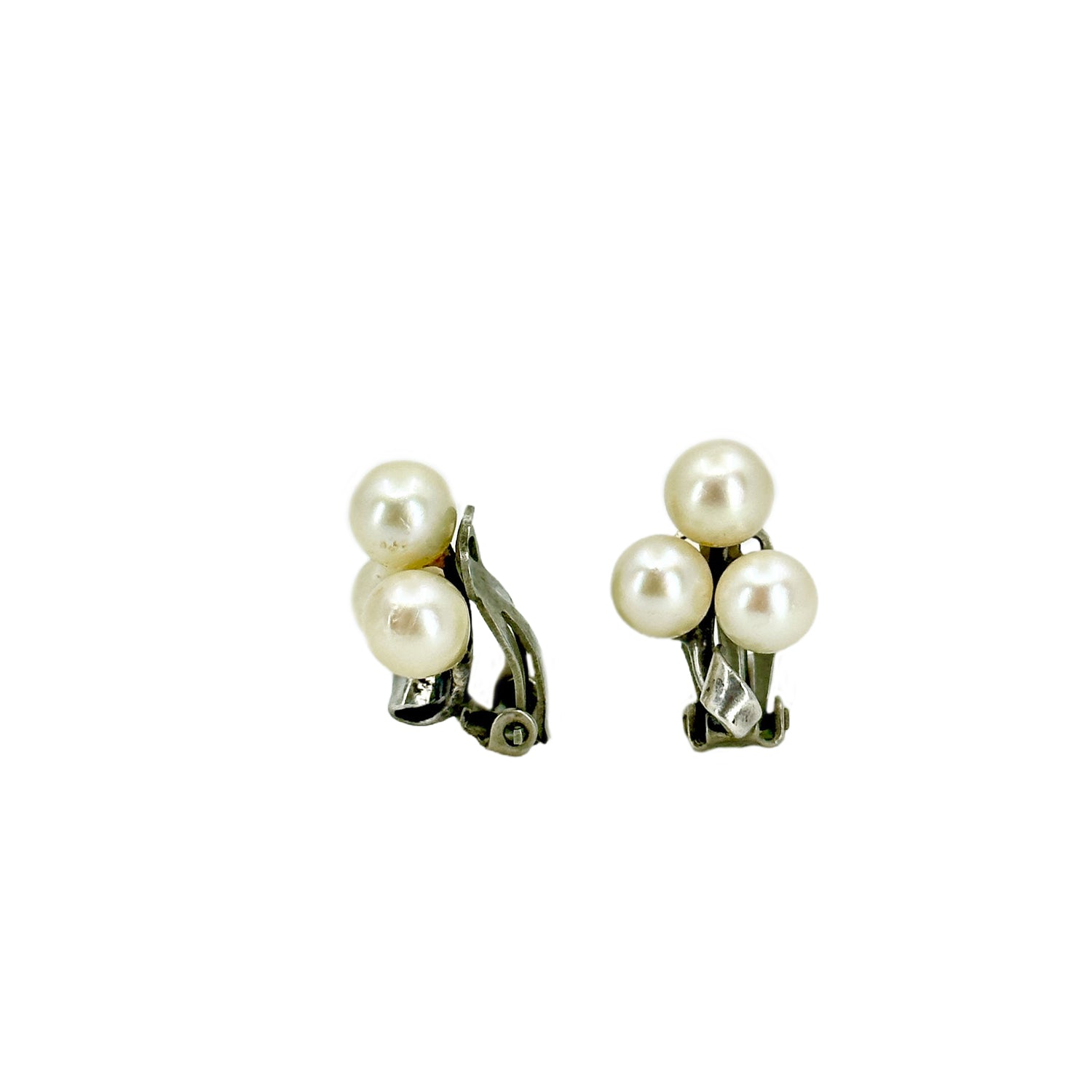 Triple Clip Vintage Akoya Saltwater Cultured Pearl Earrings- Sterling Silver