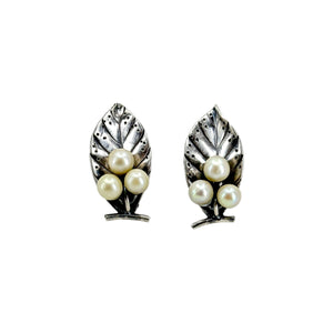 Mings Of Honolulu Leaf Triple Akoya Saltwater Cultured Pearl Vintage Screwback Earrings- Sterling Silver