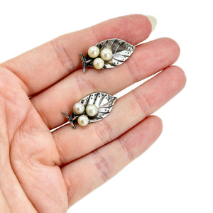 Mings Of Honolulu Leaf Triple Akoya Saltwater Cultured Pearl Vintage Screwback Earrings- Sterling Silver