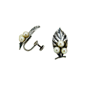 Mings Of Honolulu Leaf Triple Akoya Saltwater Cultured Pearl Vintage Screwback Earrings- Sterling Silver