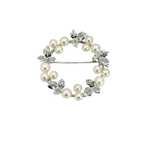 Grape Leaf Wreath Japanese Saltwater Akoya Vintage Pearl Circle Brooch Pin- Sterling Silver