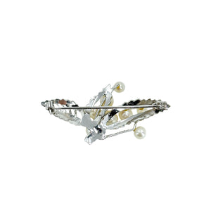 Leaf Spray Cluster Japanese Saltwater Akoya Cultured Pearl Vintage Brooch- Sterling Silver