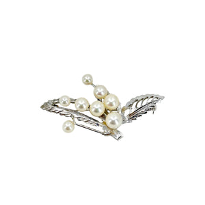 Leaf Spray Cluster Japanese Saltwater Akoya Cultured Pearl Vintage Brooch- Sterling Silver