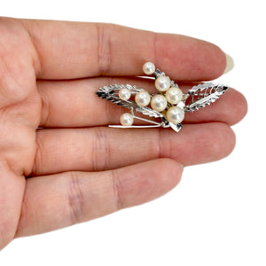 Leaf Spray Cluster Japanese Saltwater Akoya Cultured Pearl Vintage Brooch- Sterling Silver