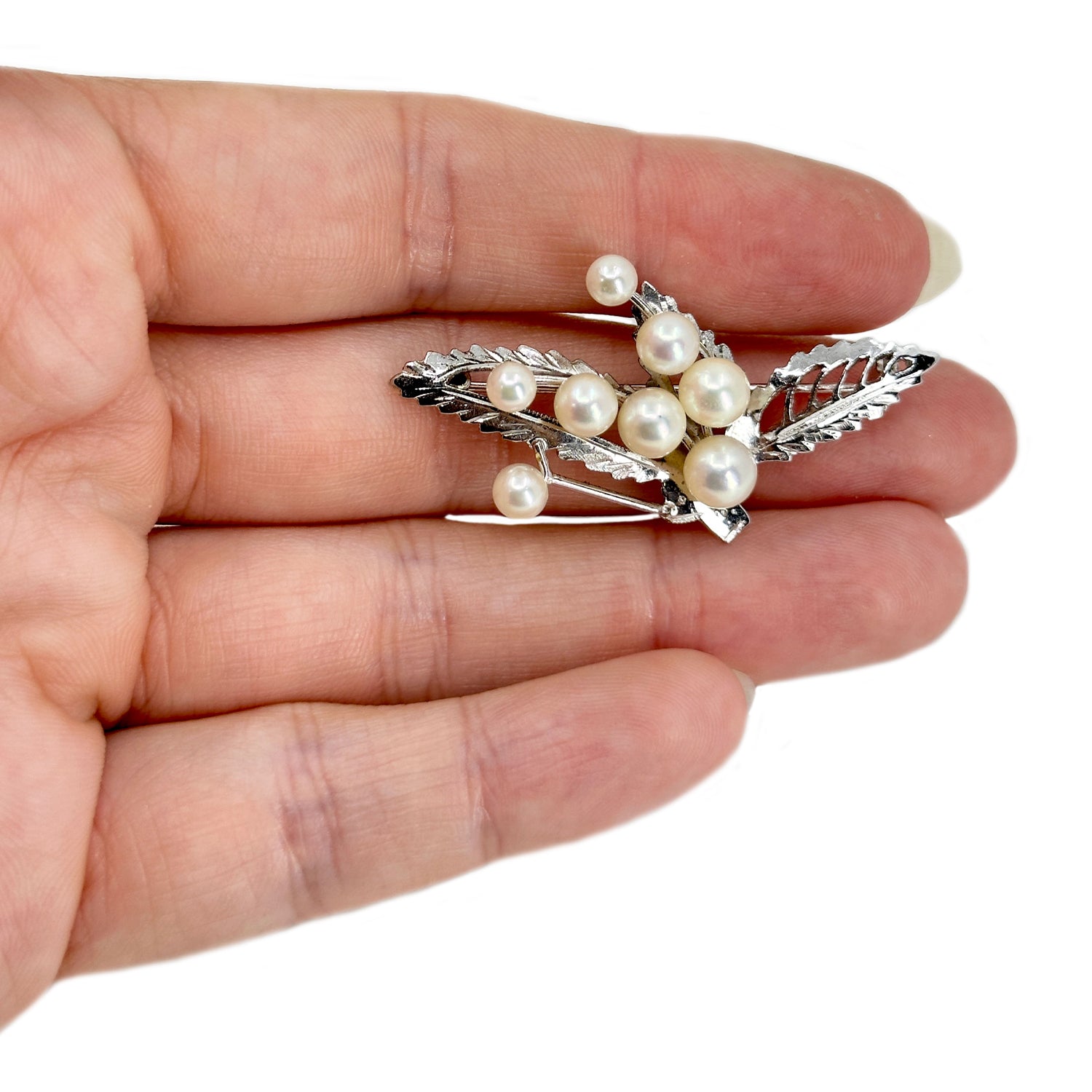 Leaf Spray Cluster Japanese Saltwater Akoya Cultured Pearl Vintage Brooch- Sterling Silver