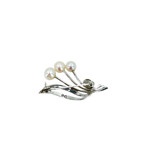 Mikimoto Vintage Spray Leaf Japanese Cultured Saltwater Akoya Pearl Brooch- Sterling Silver