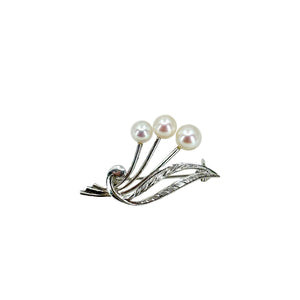 Mikimoto Vintage Spray Leaf Japanese Cultured Saltwater Akoya Pearl Brooch- Sterling Silver