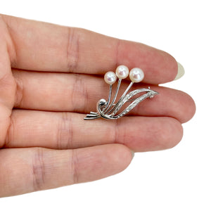 Mikimoto Vintage Spray Leaf Japanese Cultured Saltwater Akoya Pearl Brooch- Sterling Silver