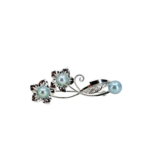 Flower Mid Century Blue Japanese Saltwater Akoya Cultured Pearl Vintage Brooch- Sterling Silver