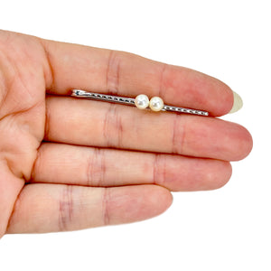 Thin Engraved Mid Century Men's Japanese Saltwater Akoya Cultured Pearl Vintage Tie Bar- Sterling Silver