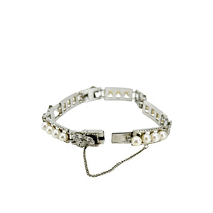 Engraved Grape Leaf Vintage Japanese Saltwater Akoya Cultured Pearl Link Bracelet- Sterling Silver