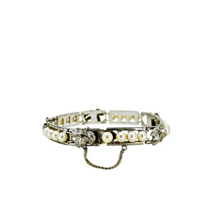 Engraved Grape Leaf Vintage Japanese Saltwater Akoya Cultured Pearl Link Bracelet- Sterling Silver