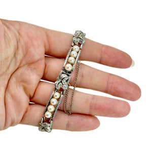 Engraved Grape Leaf Vintage Japanese Saltwater Akoya Cultured Pearl Link Bracelet- Sterling Silver