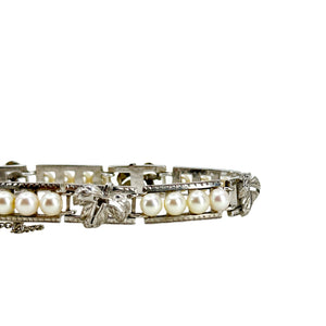 Engraved Grape Leaf Vintage Japanese Saltwater Akoya Cultured Pearl Link Bracelet- Sterling Silver