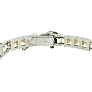 Engraved Grape Leaf Vintage Japanese Saltwater Akoya Cultured Pearl Link Bracelet- Sterling Silver